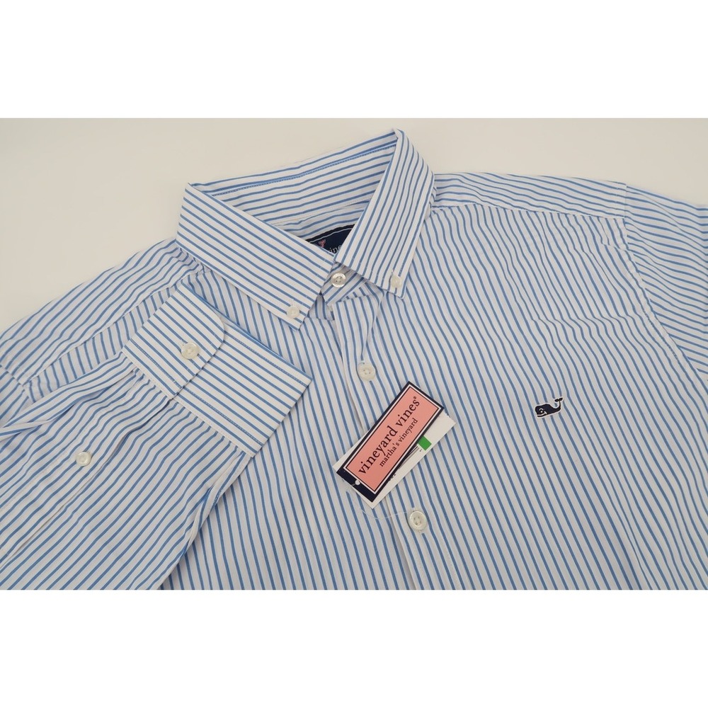 Vineyard Vines Button Down Whale Shirt Mens Large Blue Stripe Poplin Classic Fit